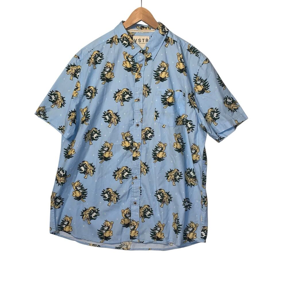 VSTR PREMIUM Mens Blue Bob Cat Print Size XXL Cotton Button Down Shirt Novelty